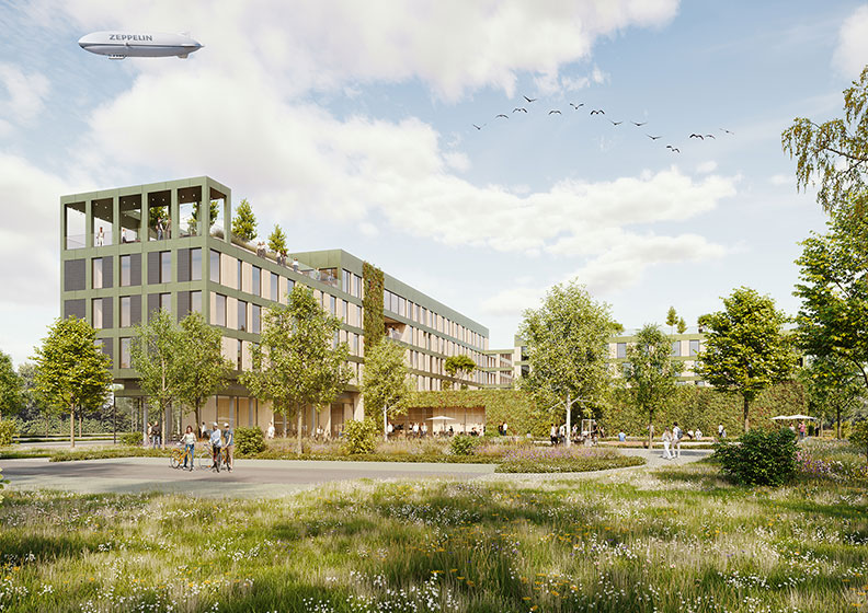 Außenraumvisualisierung mit Bar, Sonnenschirmen und Personen – Ploesser Architekten, Wettbewerb Friedrichshafen.