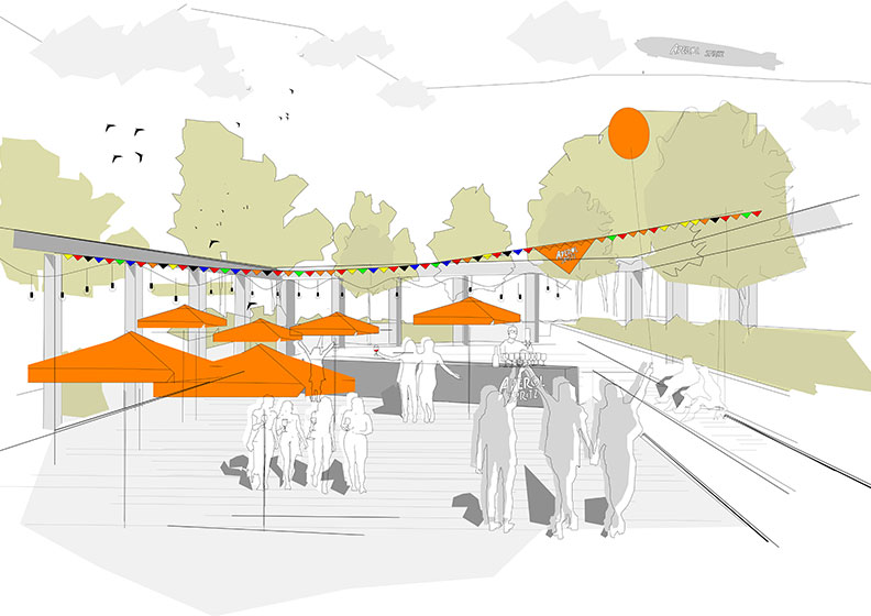 Rooftop-Terrasse mit Bäumen, Lichterkette und Personen – Ploesser Architekten, Wettbewerb Friedrichshafen.