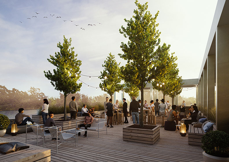 Gebäudevisualisierung mit Grünraum und Personen – Ploesser Architekten, Wettbewerb Friedrichshafen.