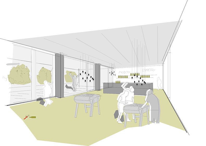 Interior mit Bar, Tischkickern und Beleuchtung – Ploesser Architekten, Wettbewerb Friedrichshafen.