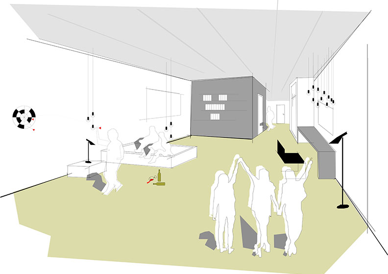 Lounge-Bereich mit Sitzstufen und Dart – Ploesser Architekten, Wettbewerb Friedrichshafen.