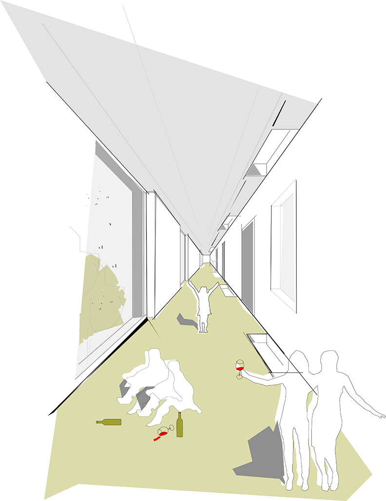 Korridor mit stilisierten Personen – Ploesser Architekten, Wettbewerb Friedrichshafen.