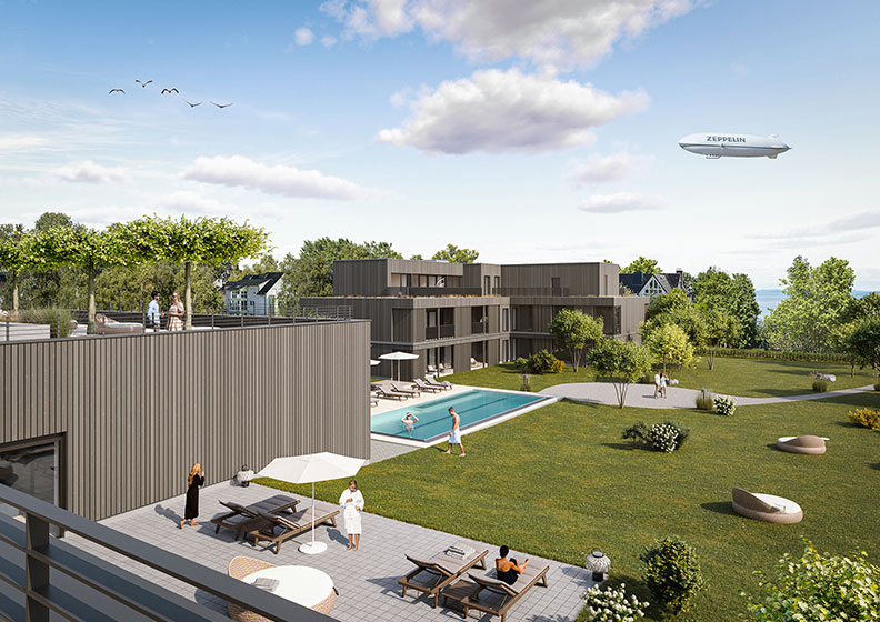 Außenvisualisierung der Hotelerweiterung mit Pool von Ploesser Architekten.