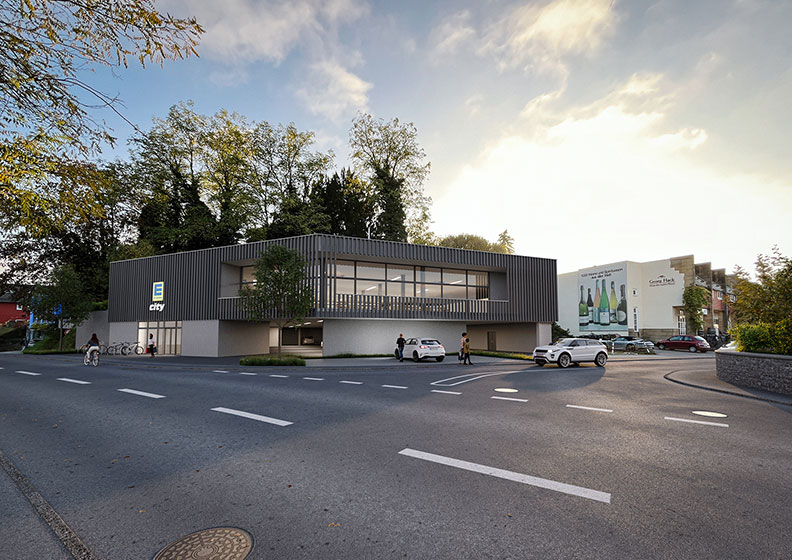 Visualisierung eines Lebensmittelmarktes von Plösser Architekten.