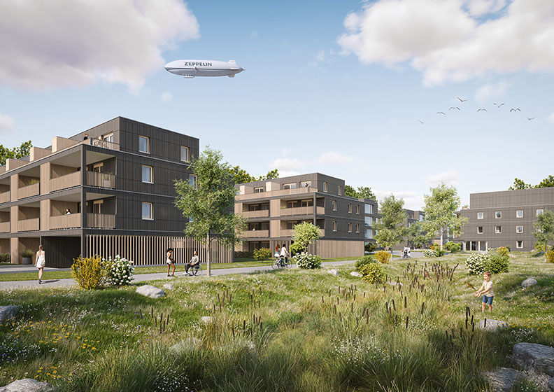 Architekturvisualisierung der Wohnbebauung Kluftern mit modernen Holzgebäuden und parkähnlicher Grünfläche.