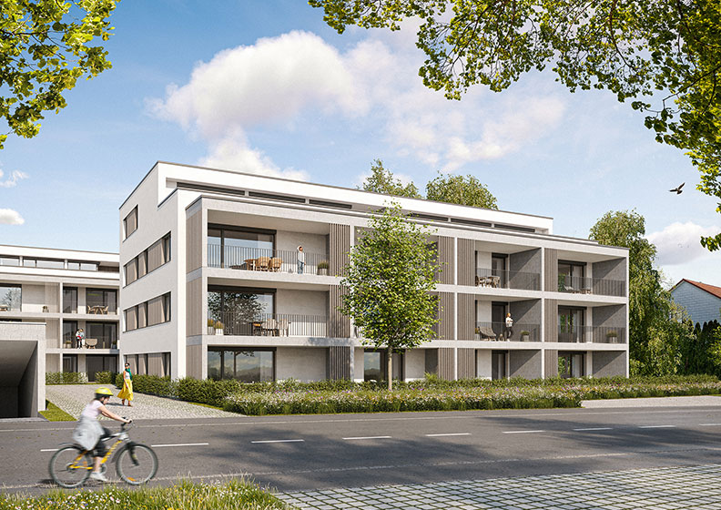 Außenvisualisierung der Wohnbebauung Überlingen von Plösser Architekten.