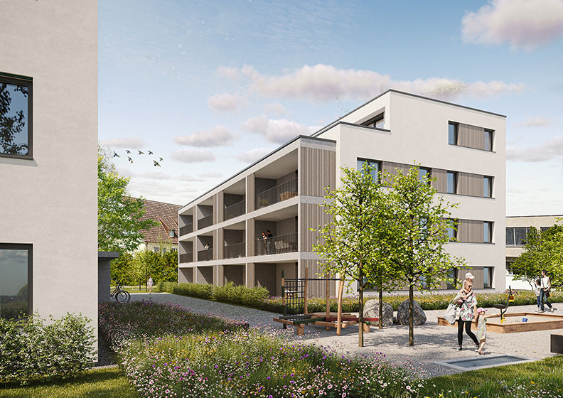 Außenraum der Wohnbebauung Überlingen von Plösser Architekten.